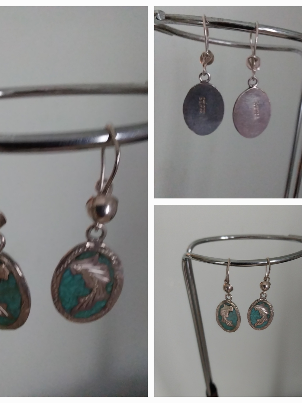 Sterling Silver Turquoise Oval Bird Drop Earrings